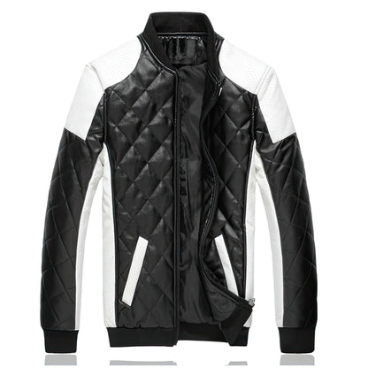 Men's Black and White Leather Fashion Diamond Jacket Big Yards Warm Genuine Leather Jackets