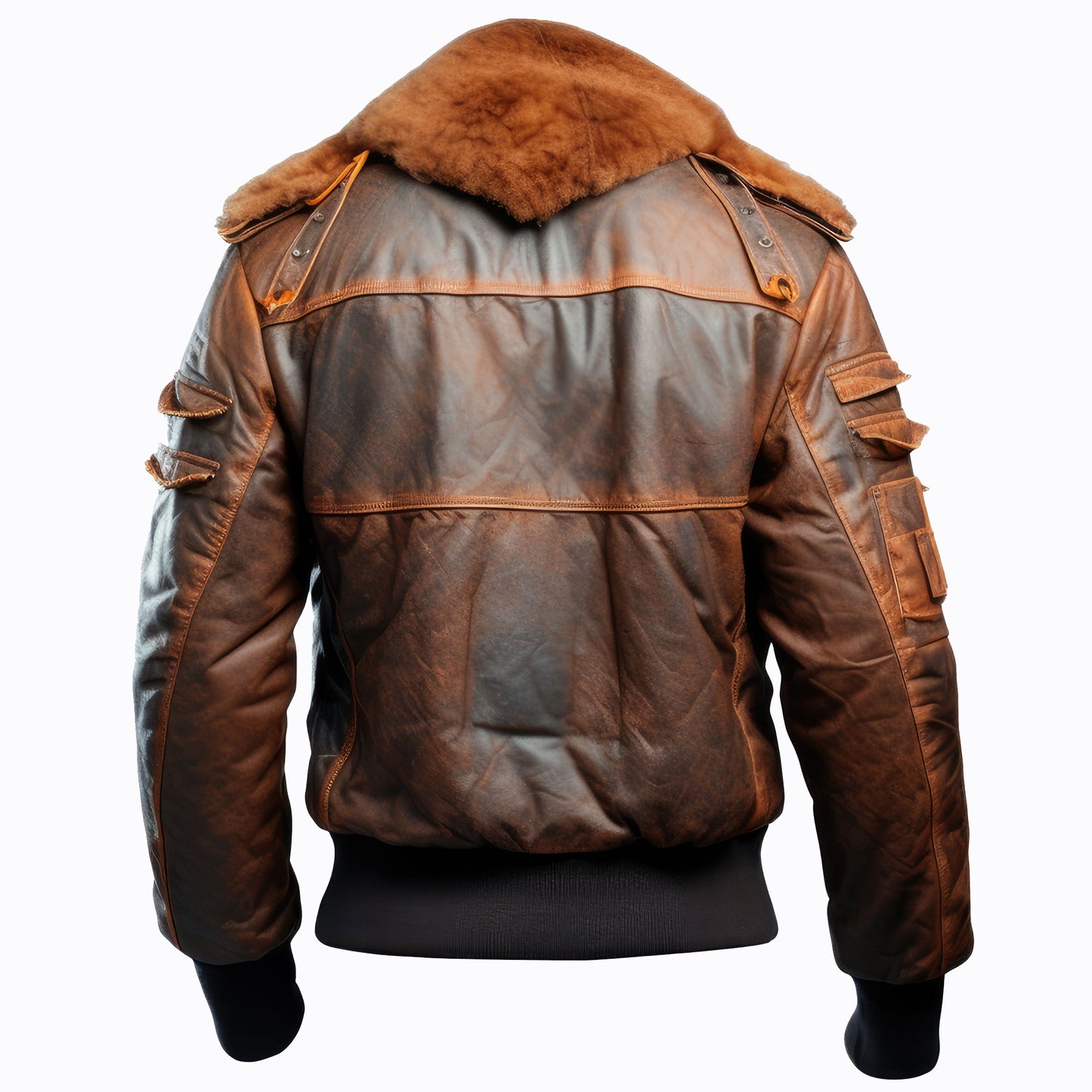 Men Bomber Leather Jacket Flight Fur Fleece Coat Front Pockets Lapel Genuine Leather Jackets