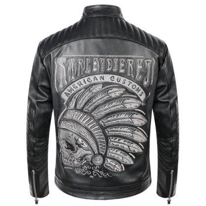 Mens Skull Embroidery Motorcycle Biker Leather Jacket Natural Genuine Leather Jacket Coat