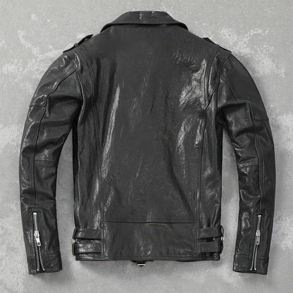 Men's Belt Motorcycle Jacket Thin Coat Slim Fit Vegetable Tanned Sheepskin Genuine Leather Jackets