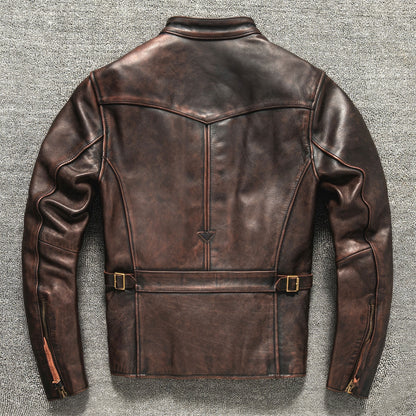 Men Motorcycle Vintage Brown Autumn Leather Jacket Natural Horsehide Slim Fit Genuine Leather Coat Jackets