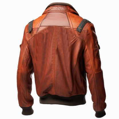 Men Bomber Leather Jacket Flight Coat Front Pockets Stand Collar Genuine Leather Jackets