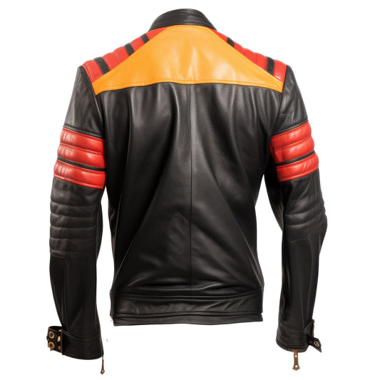 Mens Biker Casual Motorcycle Sheepskin Coat Side Pockets Zipper Red Black and Gold Genuine Leather Jackets