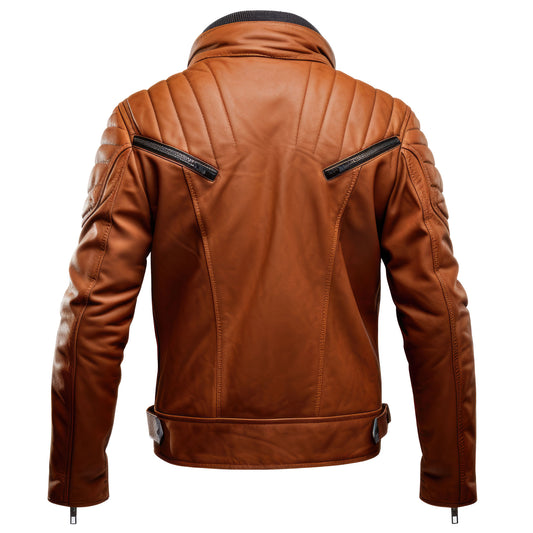 Mens Leather Jacket Puffer Cafe Racer Slim Fit Tan Zipper Pocket Moto Biker Genuine Leather Jackets