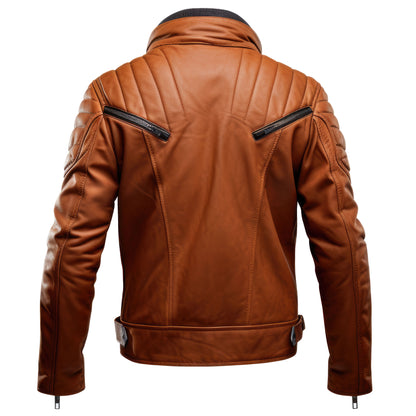 Mens Leather Jacket Puffer Cafe Racer Slim Fit Tan Zipper Pocket Moto Biker Genuine Leather Jackets
