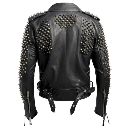 Mens Motorbike Jacket Rock Punk Spike Studded Patches Motorcycle Biker Moto Genuine Leather Jackets