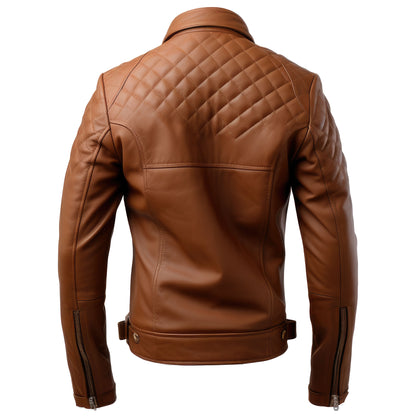 Mens Leather Biker Jacket Quilted Cafe Racer Slim Fit Zipper Moto Genuine Leather Jacket