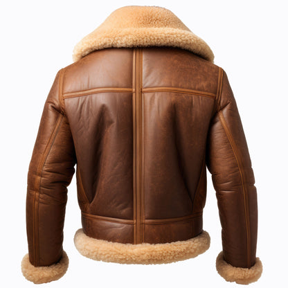 Men Shearling Lapel Fur Leather Jacket Brown Bomber Coat Side Pockets Aviation Genuine Leather Jackets