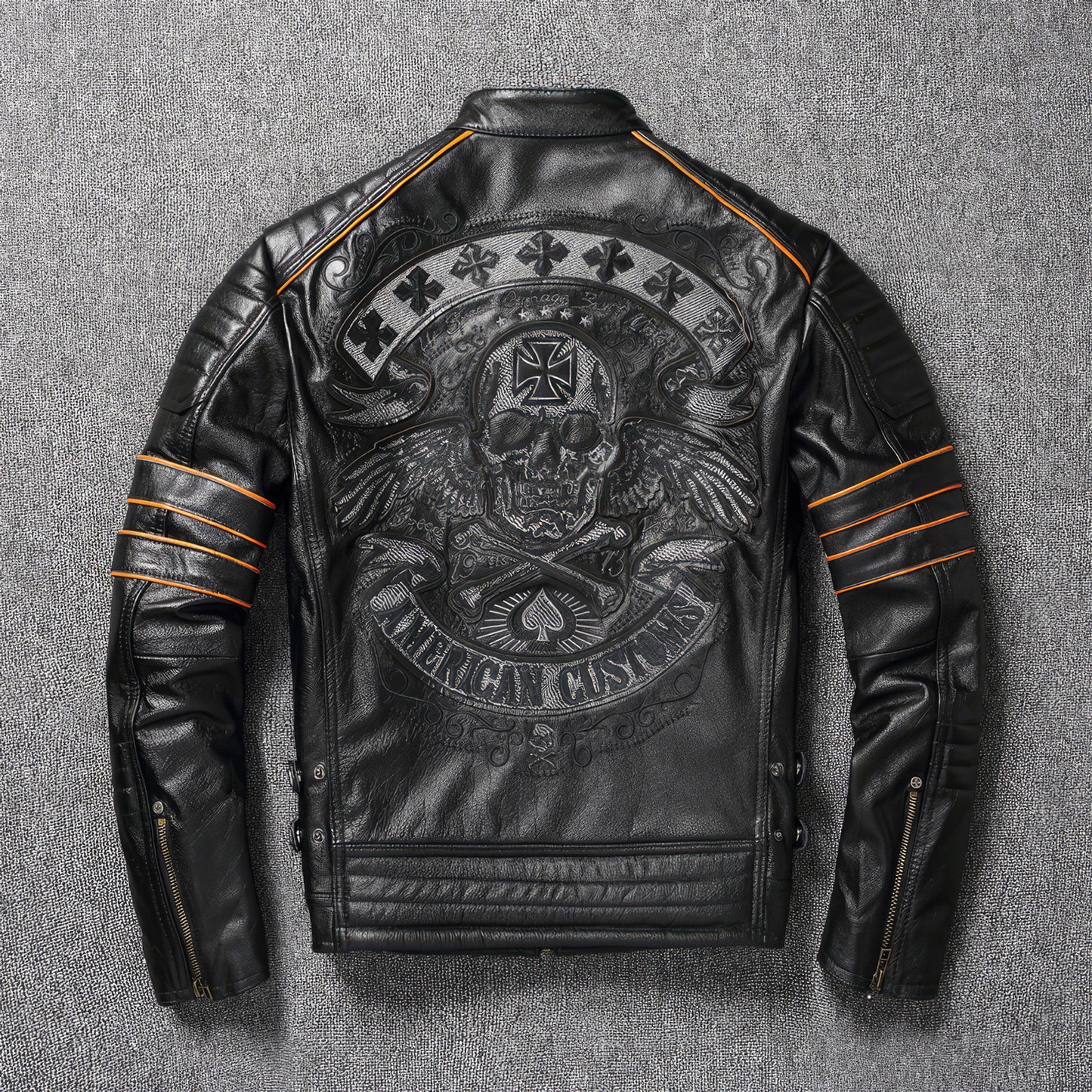 Mens Skull Embroidery Men's First Layer Cowhide Leather Jacket Motorcycle Slim Oversize Coat Genuine Leather Jackets