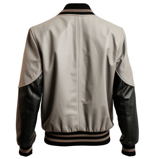Mens Black Grey Varsity College Varsity Jackets Bomber Zipper Contrast Genuine Leather Jackets
