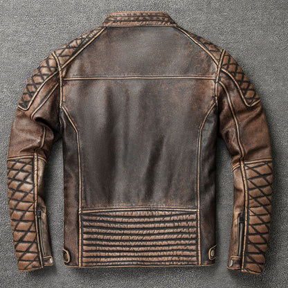 Men's Vintage Motorcycle Stand Collar Natural Cowhide Classic Top Layer Cowhide Moto Suit Biker Genuine Leather Jackets