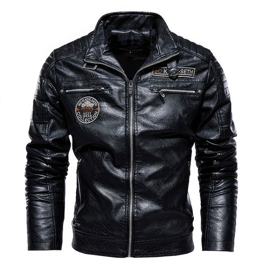 Mens Leather Windbreaker Jacket Stand Collar Casual Fleece Coat Motorcycle Softshell Genuine Leather Jackets