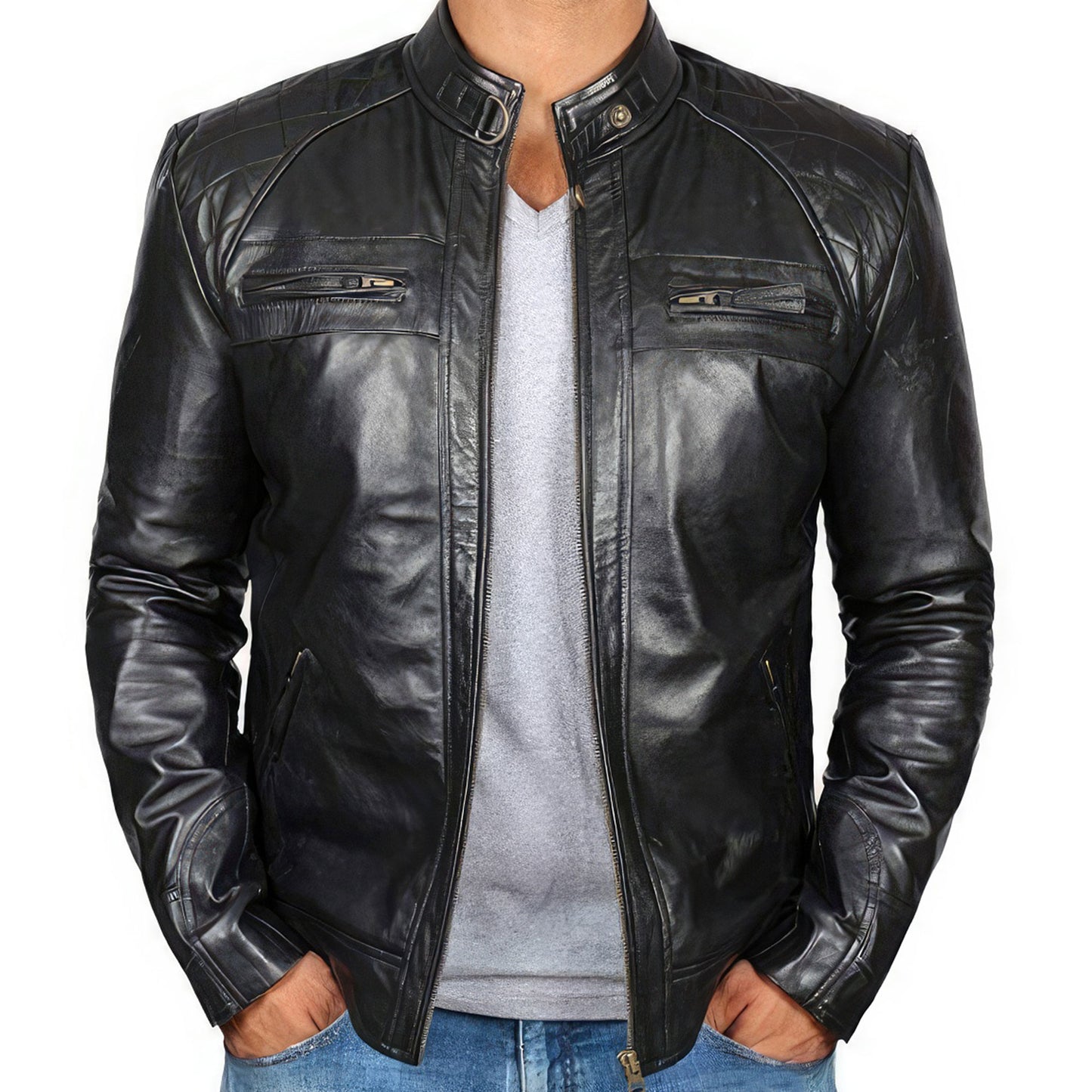 Mens Stand Collar Punk Teenagers Motorcycle Leather Jacket Brown Genuine Leather Jackets