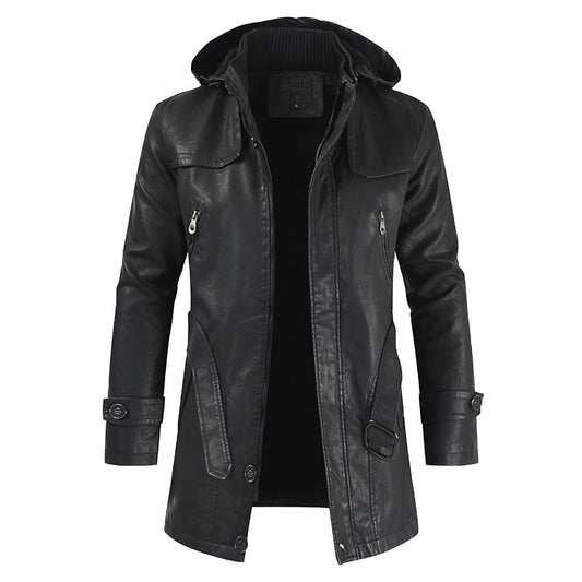 Men Solid Color Hooded Motorcycle Jackets Fashion Long Leather Coat Outerwear Fleece Leather Jacket