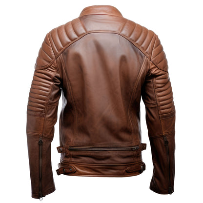 Mens Leather Jacket Puffer Cafe Racer Slim Fit Front Zipper Pocket Moto Biker Genuine Leather Jackets