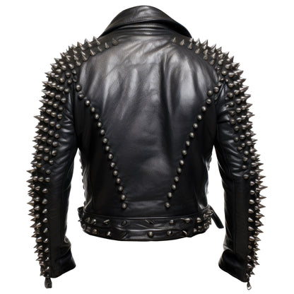 Mens Motorbike Jacket Rock Sleeve Punk Spike Studded Motorcycle Biker Moto Genuine Leather Jackets