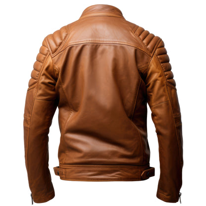 Mens Leather Biker Jacket Puffer Cafe Racer Slim Fit Tan Zipper Moto Genuine Leather Jackets