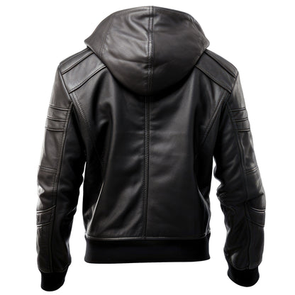 Mens Hooded Leather Jacket Motorcycle Biker Zipper Quilted Genuine Leather Jackets