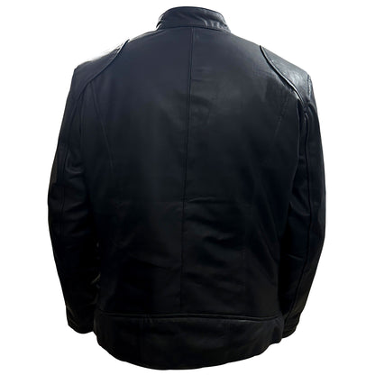 Business Gentleman Zipper Pocket Leather Coat Stand Neck Slim Fit Genuine Leather Jacket