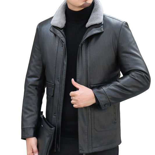 Mens Business Gentleman Zipper Leather Coat Genuine Leather  Windproof Jacket