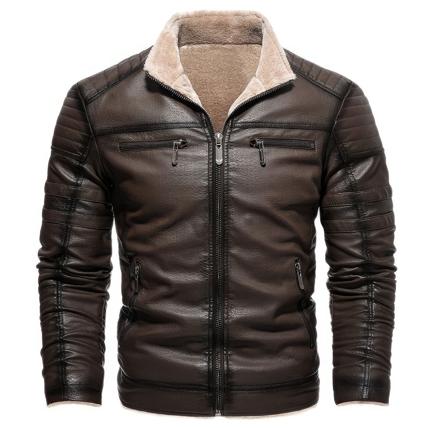 Mens Leather Jacket Casual Zipper Fleece Warm Coats Men Vintage Motorcycle Genuine Leather Jackets