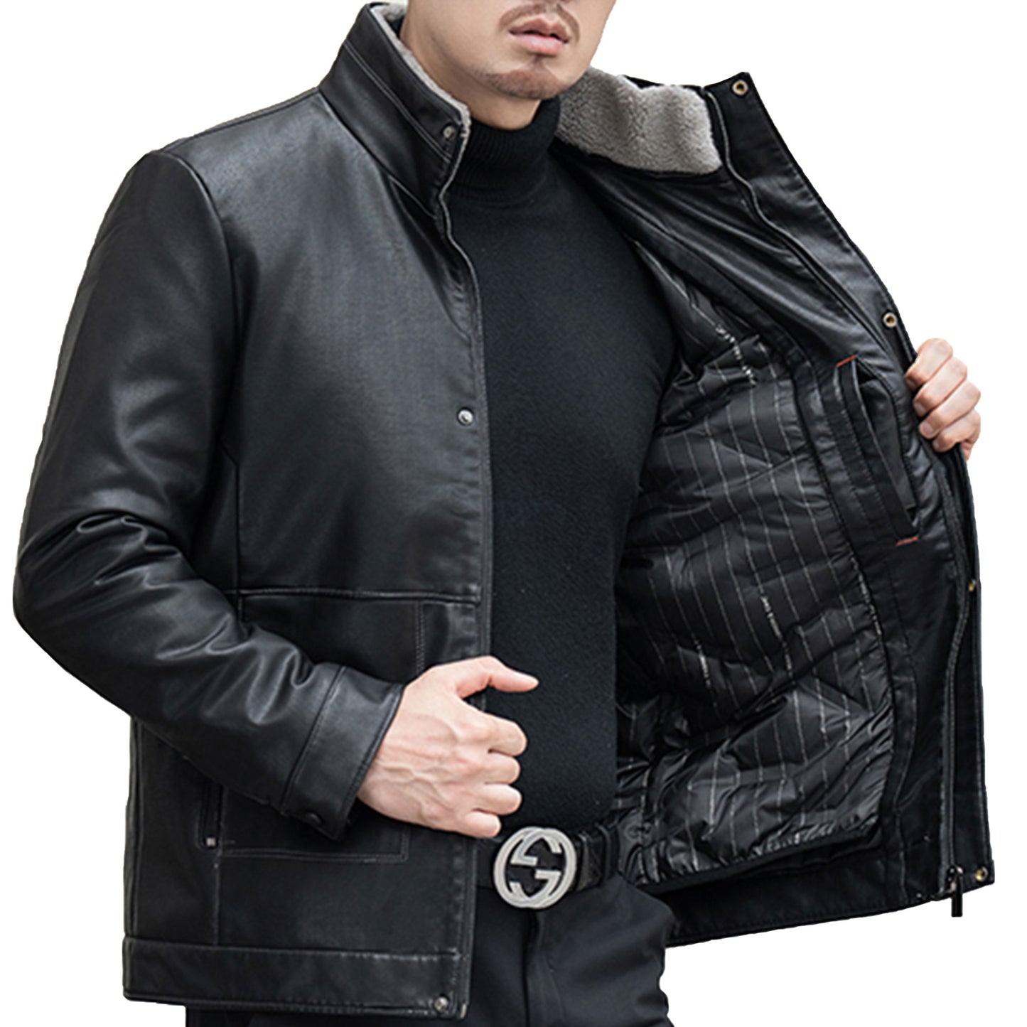 Mens Leather Jackets Standing Neck Down Solid Men's Cardigan Genuine Leather Jacket