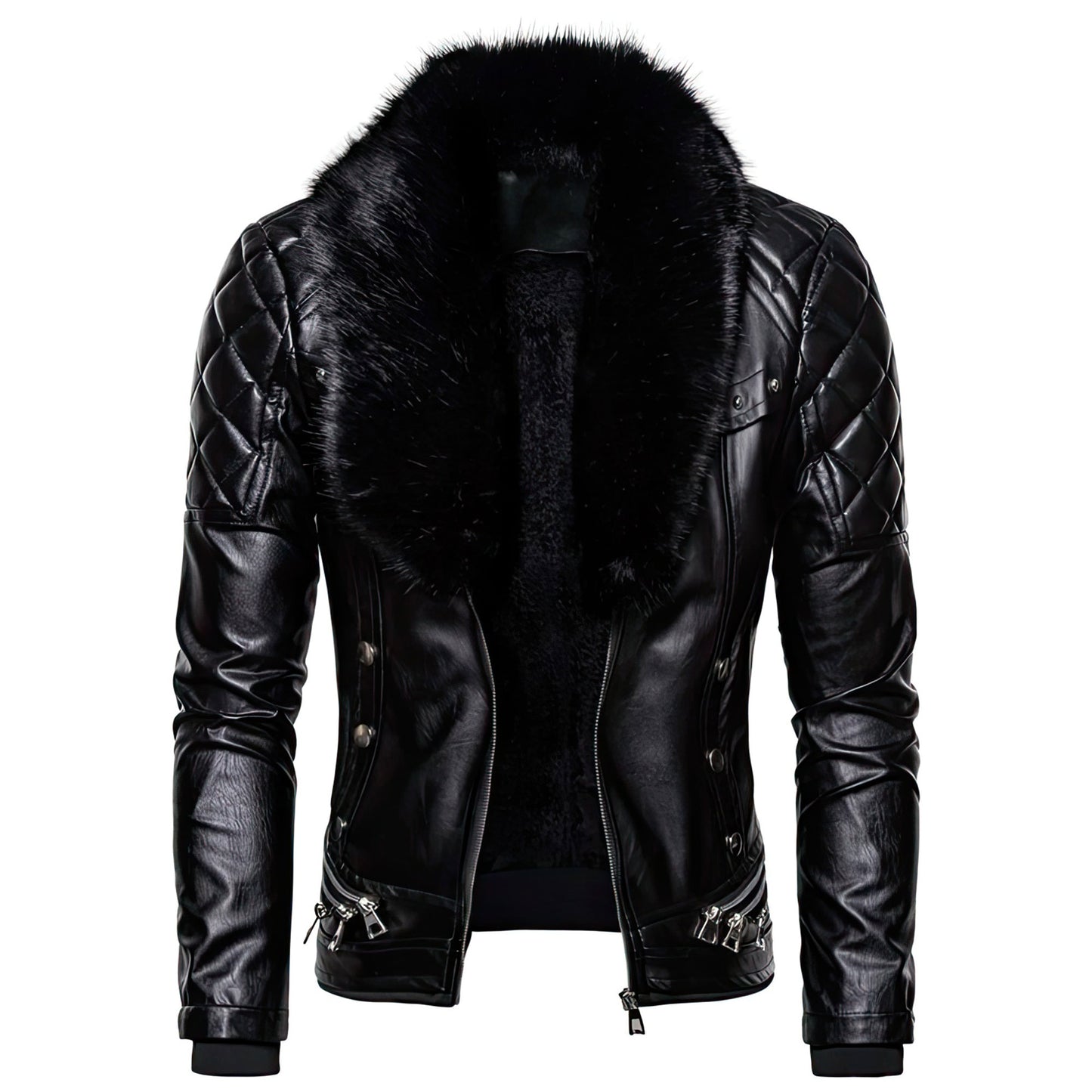 Men's Punk Detachable Leather Fur Collar Rivet Pressed Cotton Thick Windproof Motorcycle Genuine Leather Jackets