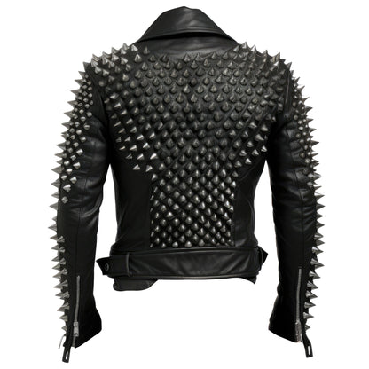 Mens Motorbike Jacket Rock Sleeve and Back Punk Spike Studded Motorcycle Biker Zipper Moto Genuine Leather Jackets