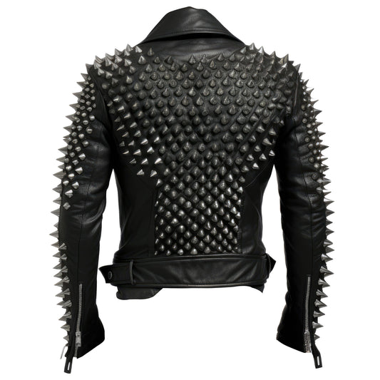 Mens Motorbike Jacket Rock Sleeve and Back Punk Spike Studded Motorcycle Biker Zipper Moto Genuine Leather Jackets
