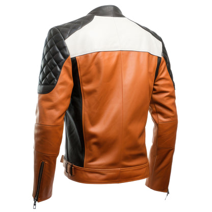 Mens Leather Biker Jacket Quilted Cafe Racer Multicolor Contrast Slim Fit Zipper Moto Genuine Leather Jackets