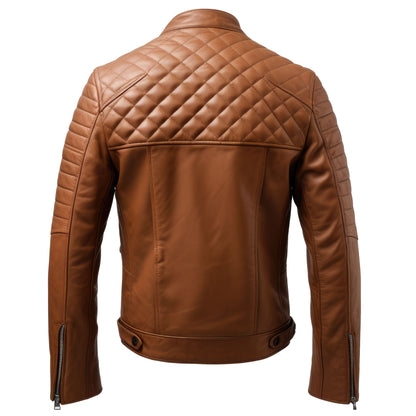 Mens Leather Biker Jacket Quilted Cafe Racer Zip Up Moto Genuine Leather Jacket Jackets