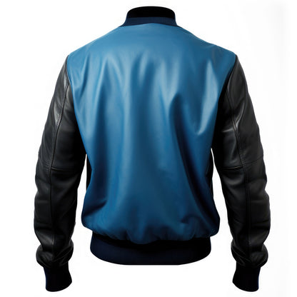 Mens Black Blue Varsity College Varsity Jackets Bomber Zipper Contrast Genuine Leather Jackets