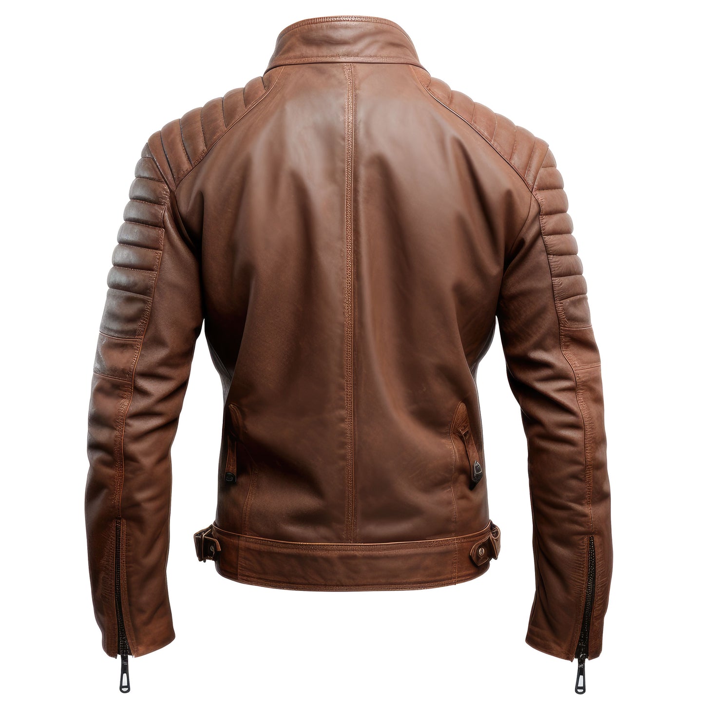 Mens Leather Jacket Puffer Cafe Racer Slim Fit Brown Zipper Pocket Moto Biker Genuine Leather Jackets