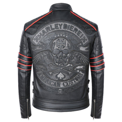 Mens Embroidery Skull Motorcycle Jackets Natural Leather Moto Jacket Biker Genuine Leather Slim Coat