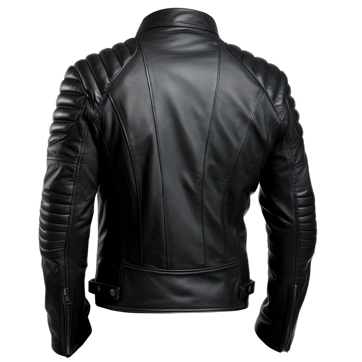 Mens Puffer Leather Biker Jacket Racer Fit Black Multi Zipper Pocket Motorbike Rider Genuine Leather Jackets