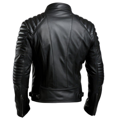 Mens Puffer Leather Biker Jacket Racer Fit Black Multi Zipper Pocket Motorbike Rider Genuine Leather Jackets