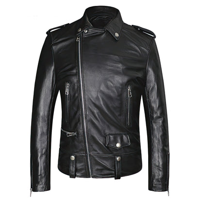 Men's Motorcycle Genuine Leather Sheepskin Coat Asymmetric Zipper Rider Genuine Leather Jackets