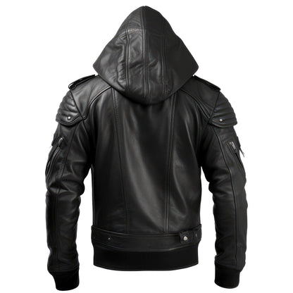 Mens Hooded Leather Jacket Motorcycle Biker Multi Zipper Quilted Genuine Leather Jackets