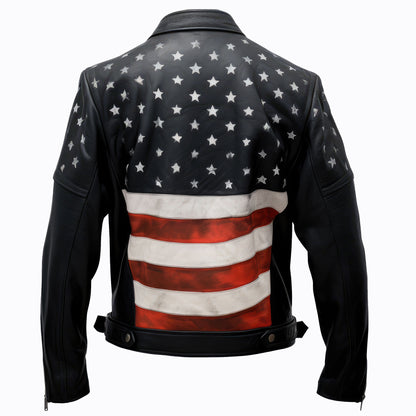 Mens Leather Jacket Inspired by American Flag USA Casual Motorcycle Black Zipper Coat With USA Flag Genuine Leather Jackets