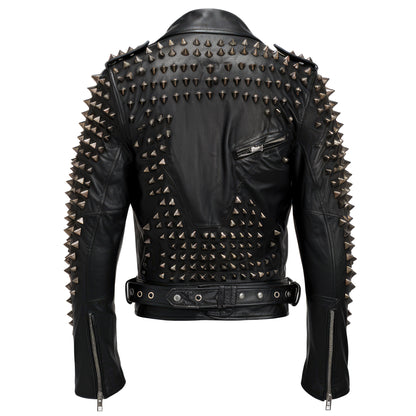 Mens Motorbike Jacket Rock Punk Spike Studded Motorcycle Biker Multi Zipper Genuine Leather Jackets