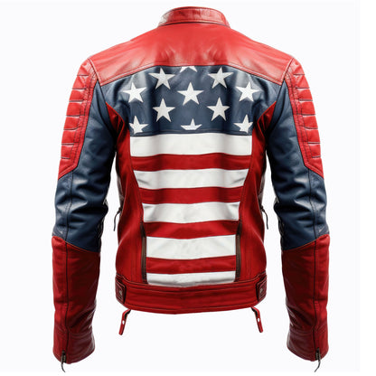 Mens Leather Jacket Inspired by American Flag USA Casual Motorcycle Zipper Coat With USA Flag Genuine Leather Jackets