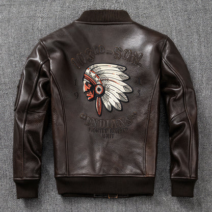 Mens Baseball Men Corium Flight Jacket Indian Embroidery Coat Top Layer Cowhide Genuine Leather Jackets