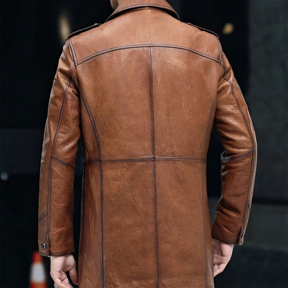 Mens Sheepskin Trench Genuine Leather Turn-Down Collar Single Business Casual Coat Autumn Outerwear