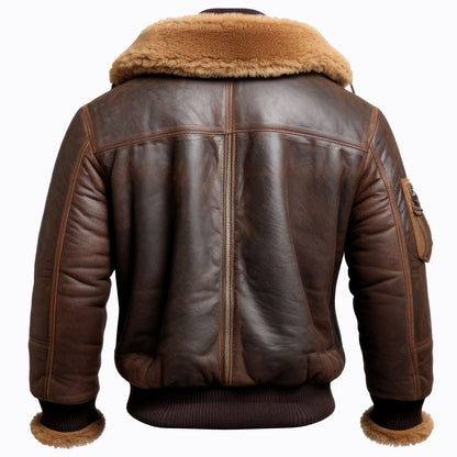 Men Aviator Lapel Fur Leather Jacket Casual Bomber Coat Front Pockets Aviation Genuine Leather Jackets