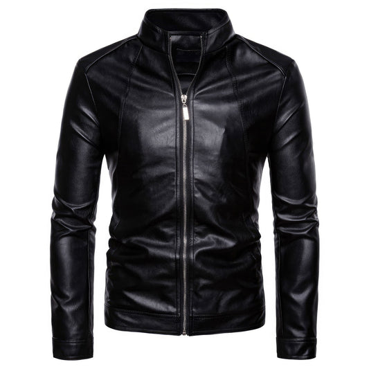 Mens Biker Moto Stand Collar Motorcycle Faux Casual Fashion Male Coat Long Sleeve Genuine Leather Jackets