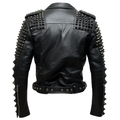 Mens Motorbike Jacket Rock Sleeve and Shoulder Punk Spike Studded Motorcycle Biker Moto Genuine Leather Jackets