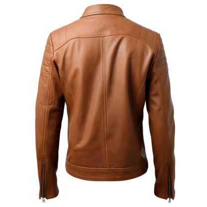 Mens Blazer Leather Jacket Tan Stand Collar Punk Motorcycle Biker Cafe Racer Zipper Genuine Leather Jackets