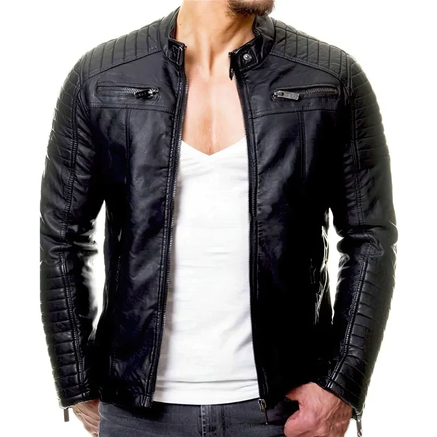 Men's Windproof Motorcycle Cotton Leather Coat Faux Leather Stand Collar Zipper Genuine Leather Jackets