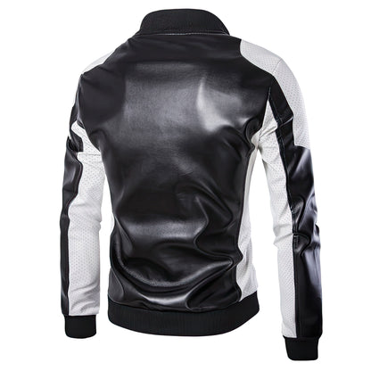 Mens Black And White Patchwork Motorcycle Autumn And Winter Fashionable Genuine Leather Jackets