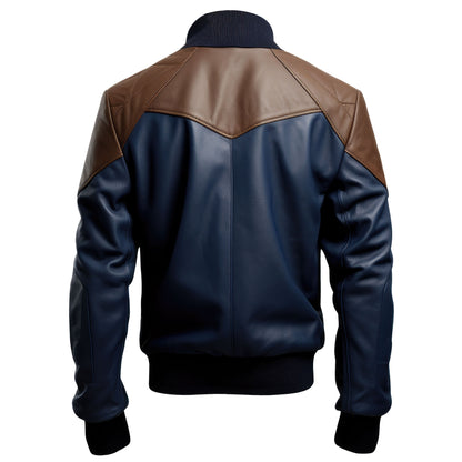 Mens Brown Blue Varsity College Varsity Jackets Bomber Zipper Contrast Genuine Leather Jackets